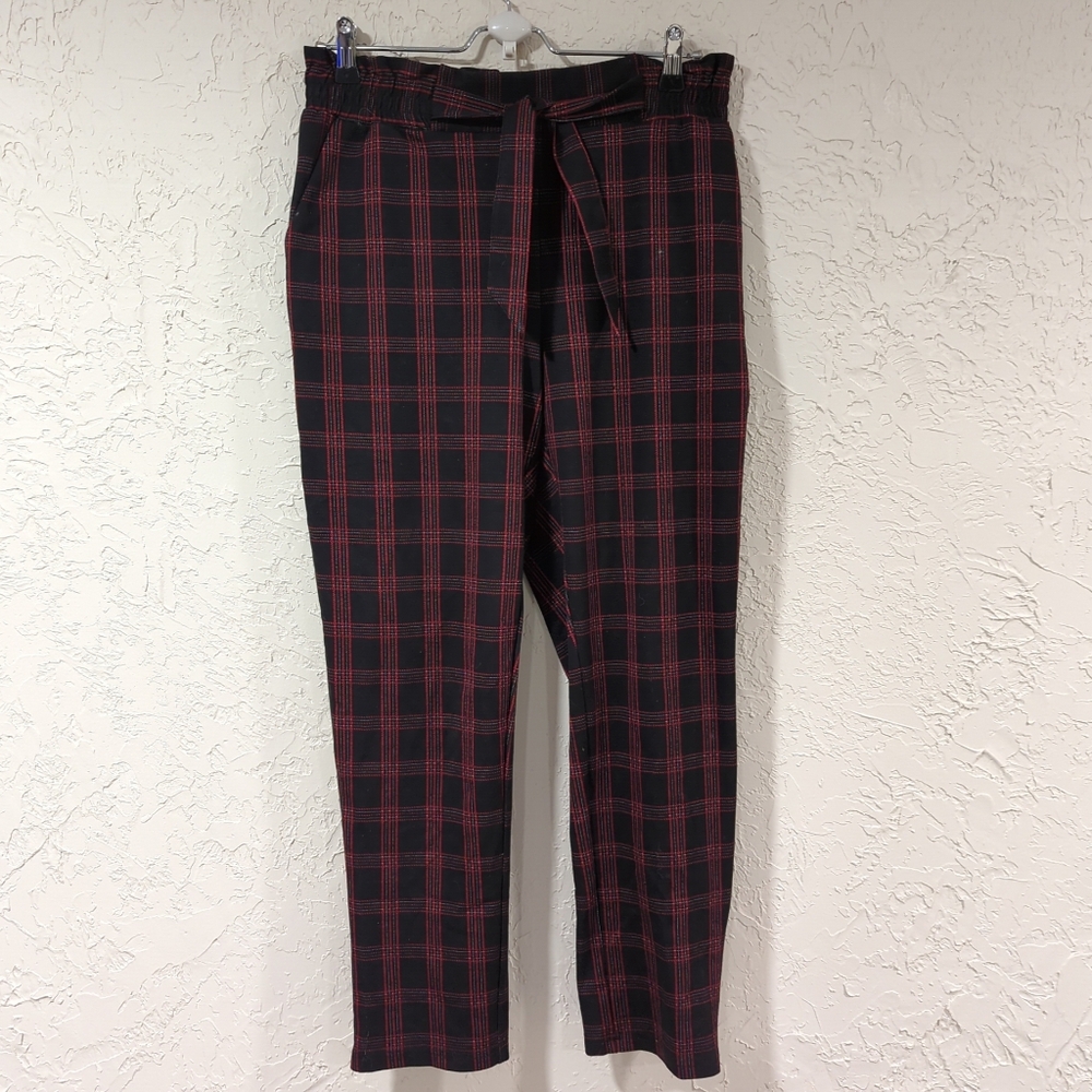 Tribal Black and Red Plaid Ankle Pants Women's Medium Elastic Grunge Academia
